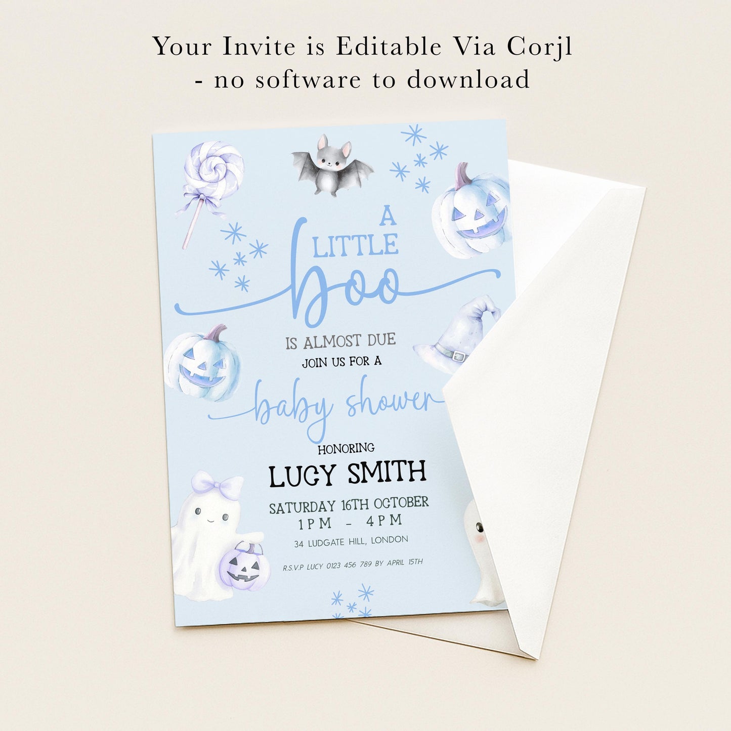 The image is a baby shower invitation featuring a Halloween theme with various spooky and festive elements such as bats, pumpkins, and ghostly figures.