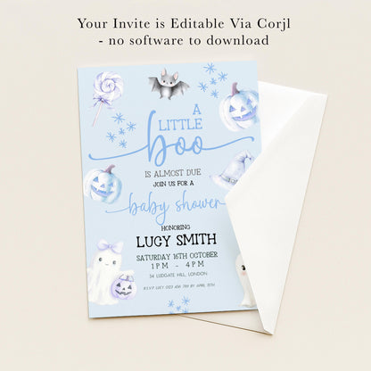 The image is a baby shower invitation featuring a Halloween theme with various spooky and festive elements such as bats, pumpkins, and ghostly figures.