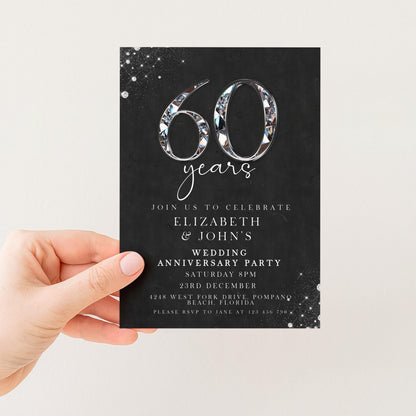 The image is a black and white invitation card for a wedding anniversary party. It features the number 60 and details about the event, including the date, time, location, and RSVP instructions.