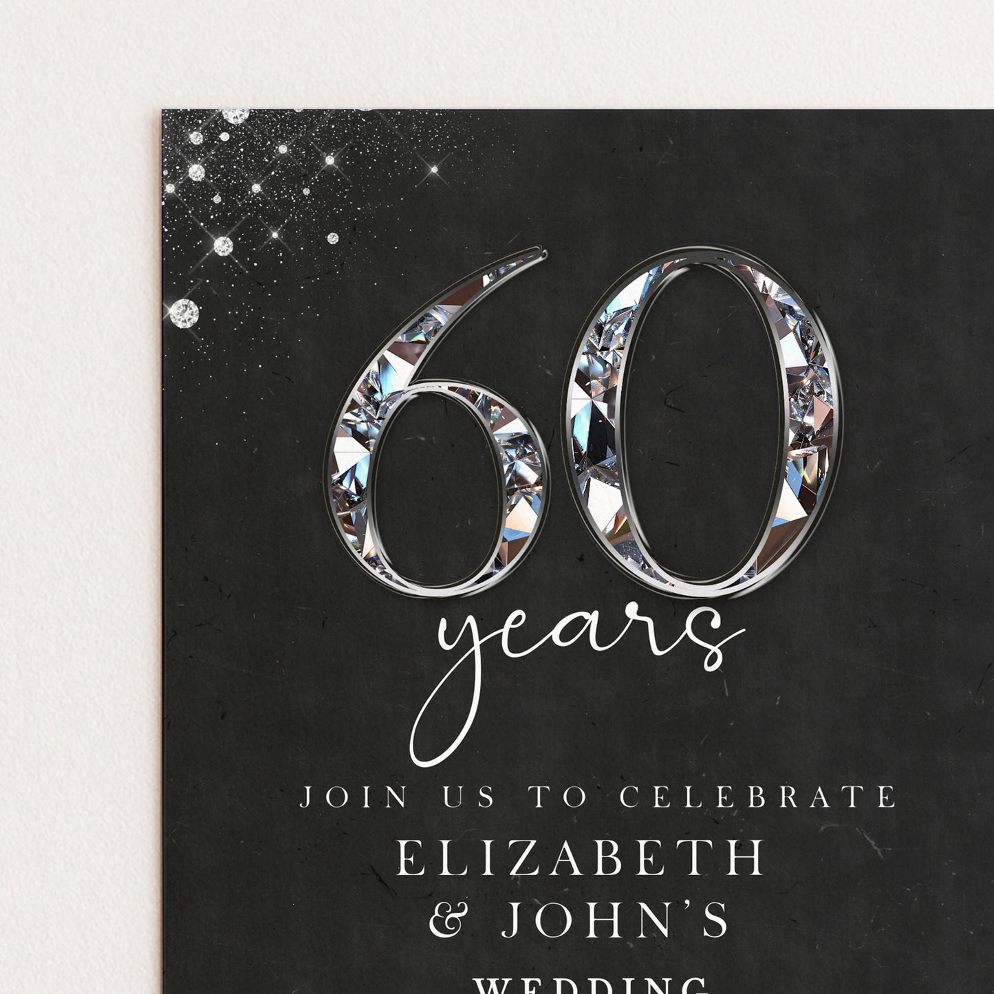 The image is a black and white invitation card for a wedding celebration. It features the number 60 and the text "Join us to celebrate Elizabeth & John's wedding" in a decorative font.