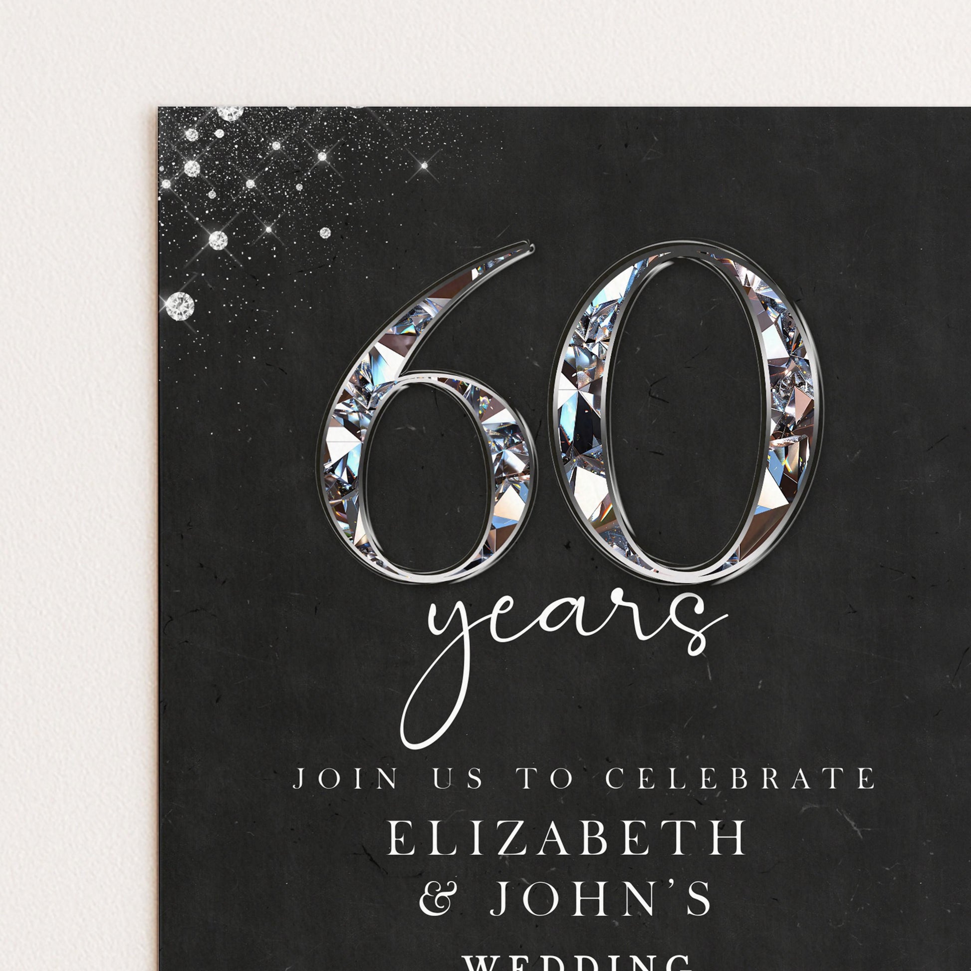 The image is a black and white invitation card for a wedding celebration. It features the number 60 and the text "Join us to celebrate Elizabeth & John's wedding" in a decorative font.