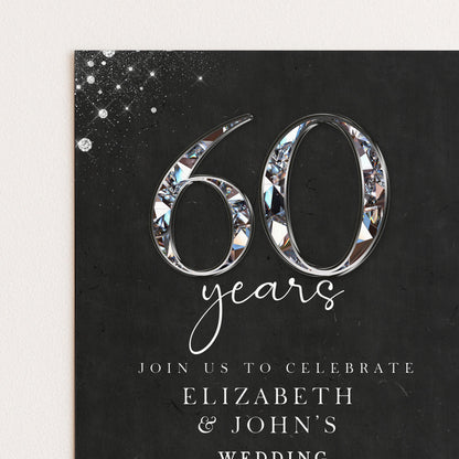 The image is a black and white invitation card for a wedding celebration. It features the number 60 and the text "Join us to celebrate Elizabeth & John's wedding" in a decorative font.