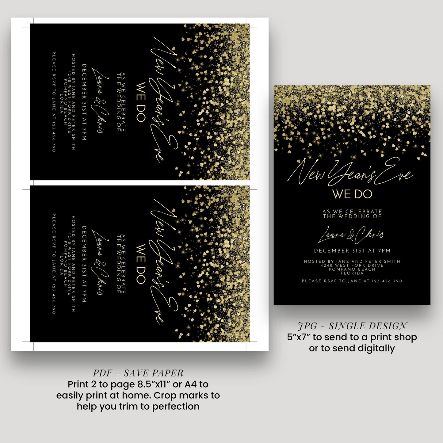 a wedding invitation with a black background and gold glitter accents. The invitation is for the New Year's Eve celebration of the wedding of Laura & Chris.