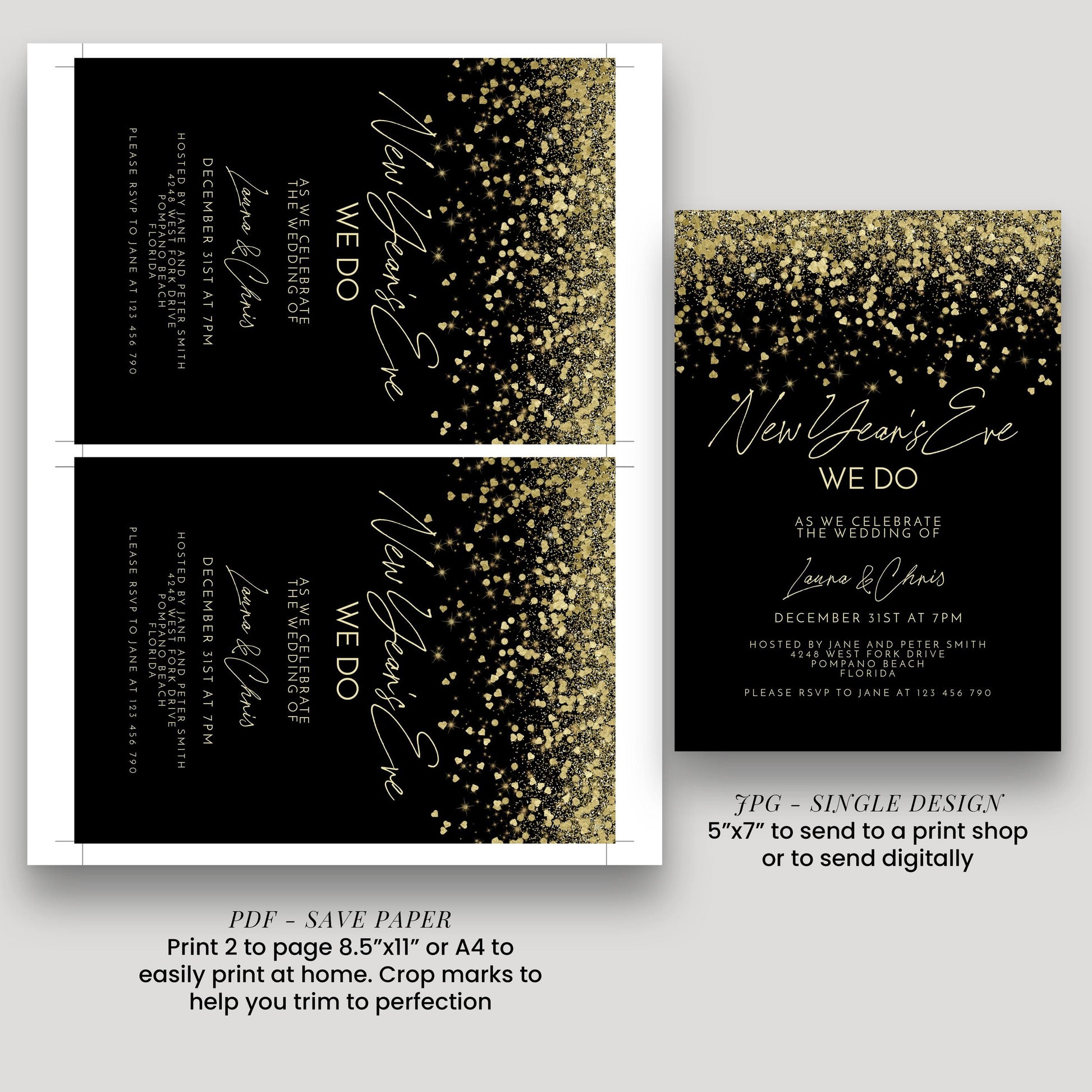 a wedding invitation with a black background and gold glitter accents. The invitation is for the New Year's Eve celebration of the wedding of Laura & Chris.