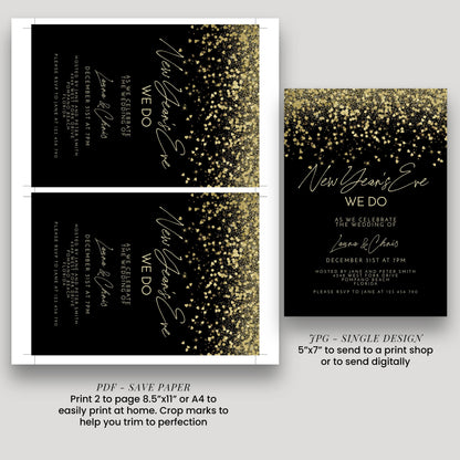 a wedding invitation with a black background and gold glitter accents. The invitation is for the New Year's Eve celebration of the wedding of Laura & Chris.