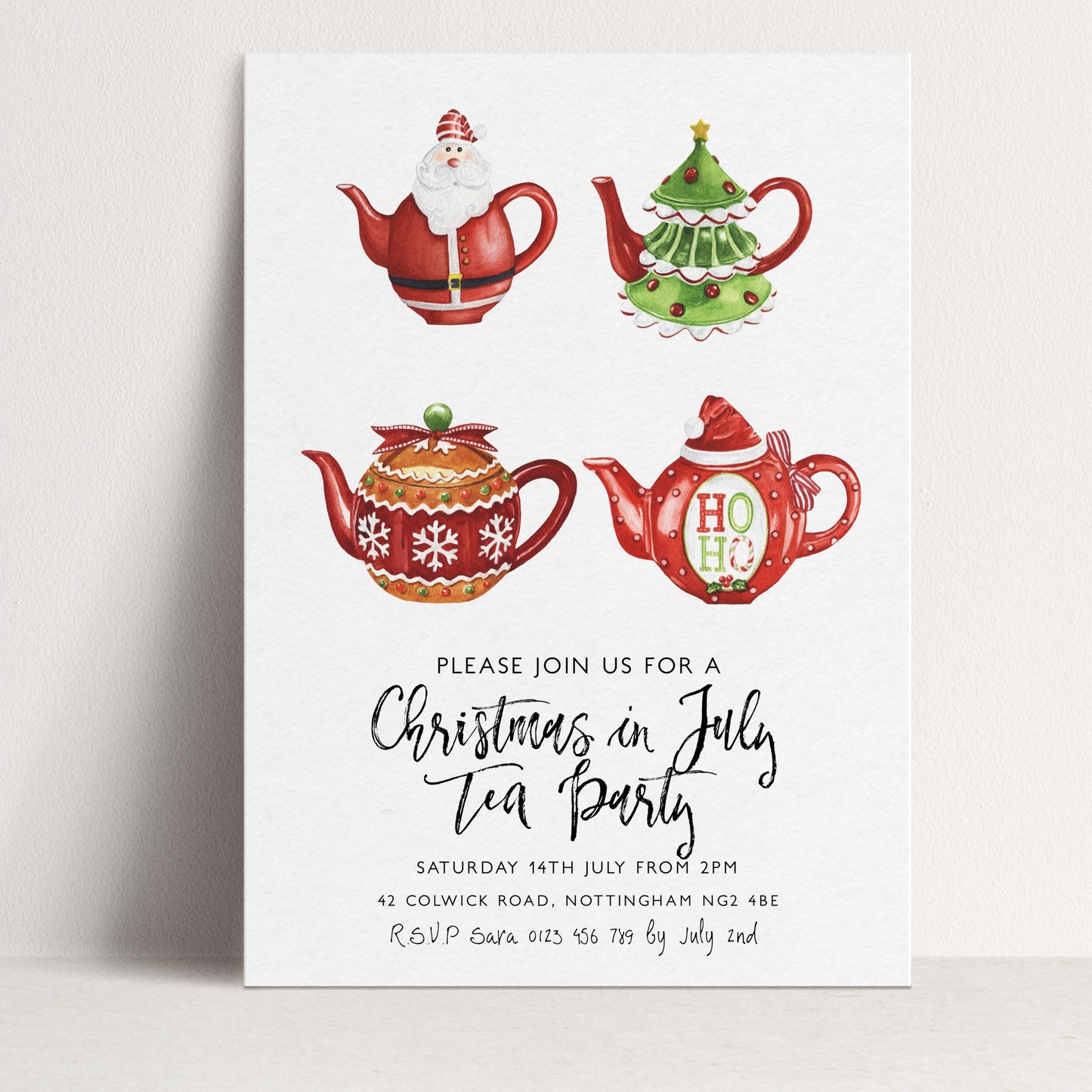 The image is a Christmas-themed invitation for a tea party, featuring illustrations of Santa Claus, a Christmas tree, and a teapot with the text "HOLY" on it.