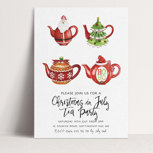 The image is a Christmas-themed invitation for a tea party, featuring illustrations of Santa Claus, a Christmas tree, and a teapot with the text "HOLY" on it.