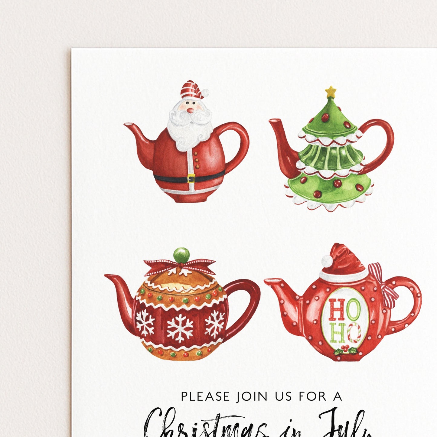 The image is a Christmas-themed invitation card featuring four decorative teapots in various colors and designs, including Santa Claus, a Christmas tree, a gingerbread man, and a "HO HO" teapot.