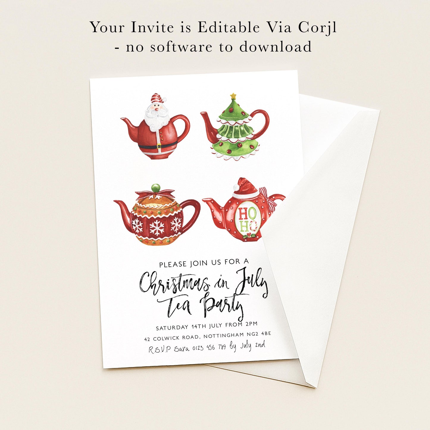 The image is a Christmas-themed invitation card for a tea party.