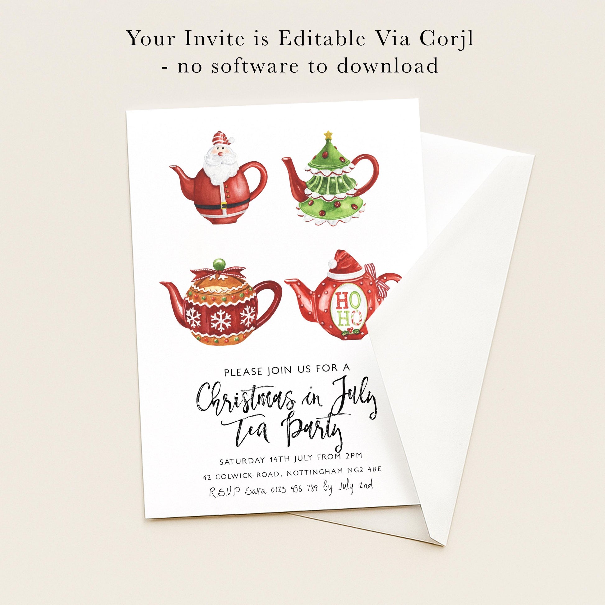 The image is a Christmas-themed invitation card for a tea party.