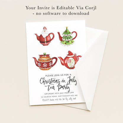 The image is a Christmas-themed invitation card for a tea party.
