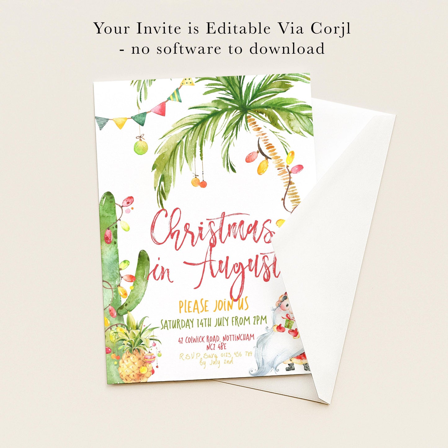 The image is a Christmas invitation card with a tropical theme, featuring palm trees, pineapples, and other festive decorations. The text invites guests to a Christmas party in August and provides details about the event, including the date, time, location, and RSVP instructions.