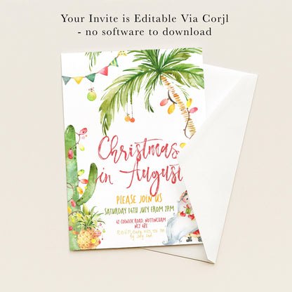 The image is a Christmas invitation card with a tropical theme, featuring palm trees, pineapples, and other festive decorations. The text invites guests to a Christmas party in August and provides details about the event, including the date, time, location, and RSVP instructions.
