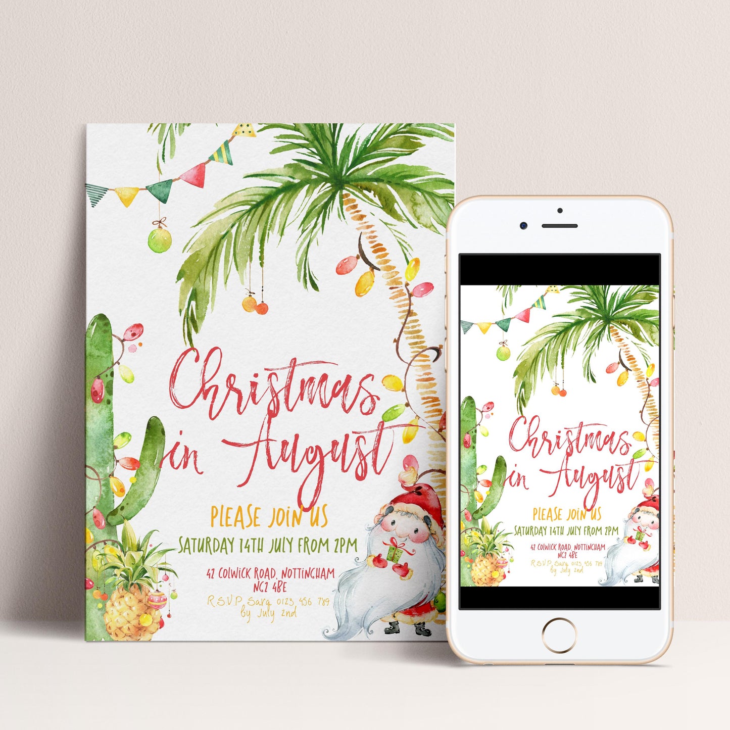 The image is a Christmas invitation featuring a tropical theme with palm trees, pineapples, and other festive elements. The invitation is designed to be displayed on a smartphone, with the text inviting guests to join the celebration on Saturday, July 14th from 7 PM to 9 PM at 43 Cowow Road, Newport, N.J. The invitation also includes a Santa Claus illustration and a phone number for further information.