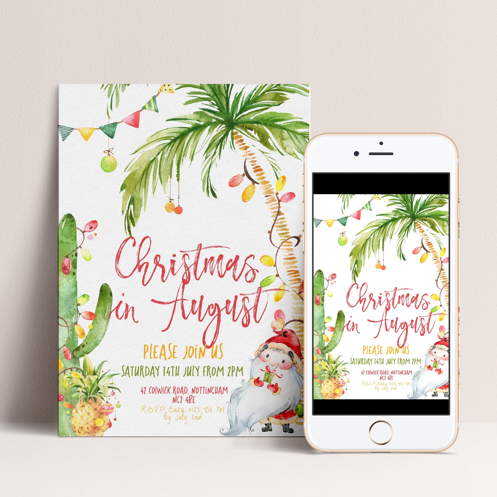 The image is a Christmas invitation featuring a tropical theme with palm trees, pineapples, and other festive elements. The invitation is designed to be displayed on a smartphone, with the text inviting guests to join the celebration on Saturday, July 14th from 7 PM to 9 PM at 43 Cowow Road, Newport, N.J. The invitation also includes a Santa Claus illustration and a phone number for further information.
