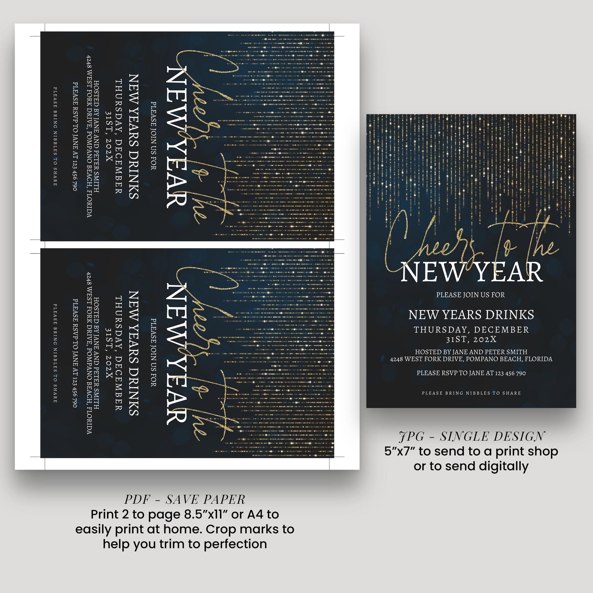 two printed New Year's party invitation designs, one for a New Year's party and the other for a New Year's drinks event. The invitation design for the party is a single page, while the one for the drinks event is a larger, double-page design. The text on the invitations is in gold and black, and they both feature the phrase "Cheers to the NEW YEAR" in a festive font.