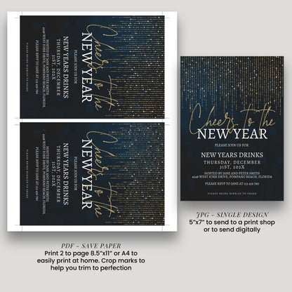 two printed New Year's party invitation designs, one for a New Year's party and the other for a New Year's drinks event. The invitation design for the party is a single page, while the one for the drinks event is a larger, double-page design. The text on the invitations is in gold and black, and they both feature the phrase "Cheers to the NEW YEAR" in a festive font.