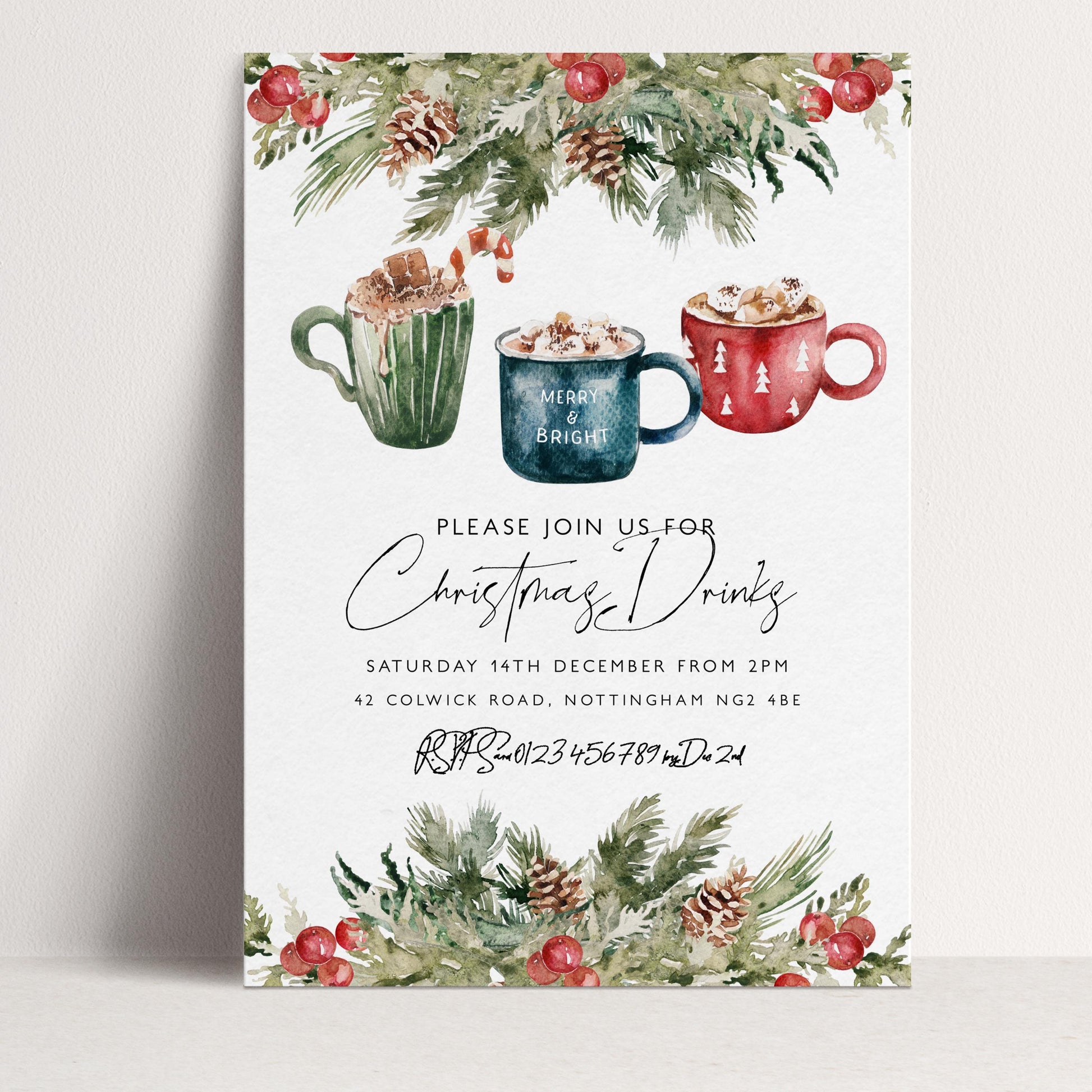 The image is a Christmas-themed invitation card featuring illustrations of three mugs with hot beverages, surrounded by a festive wreath and pine branches.