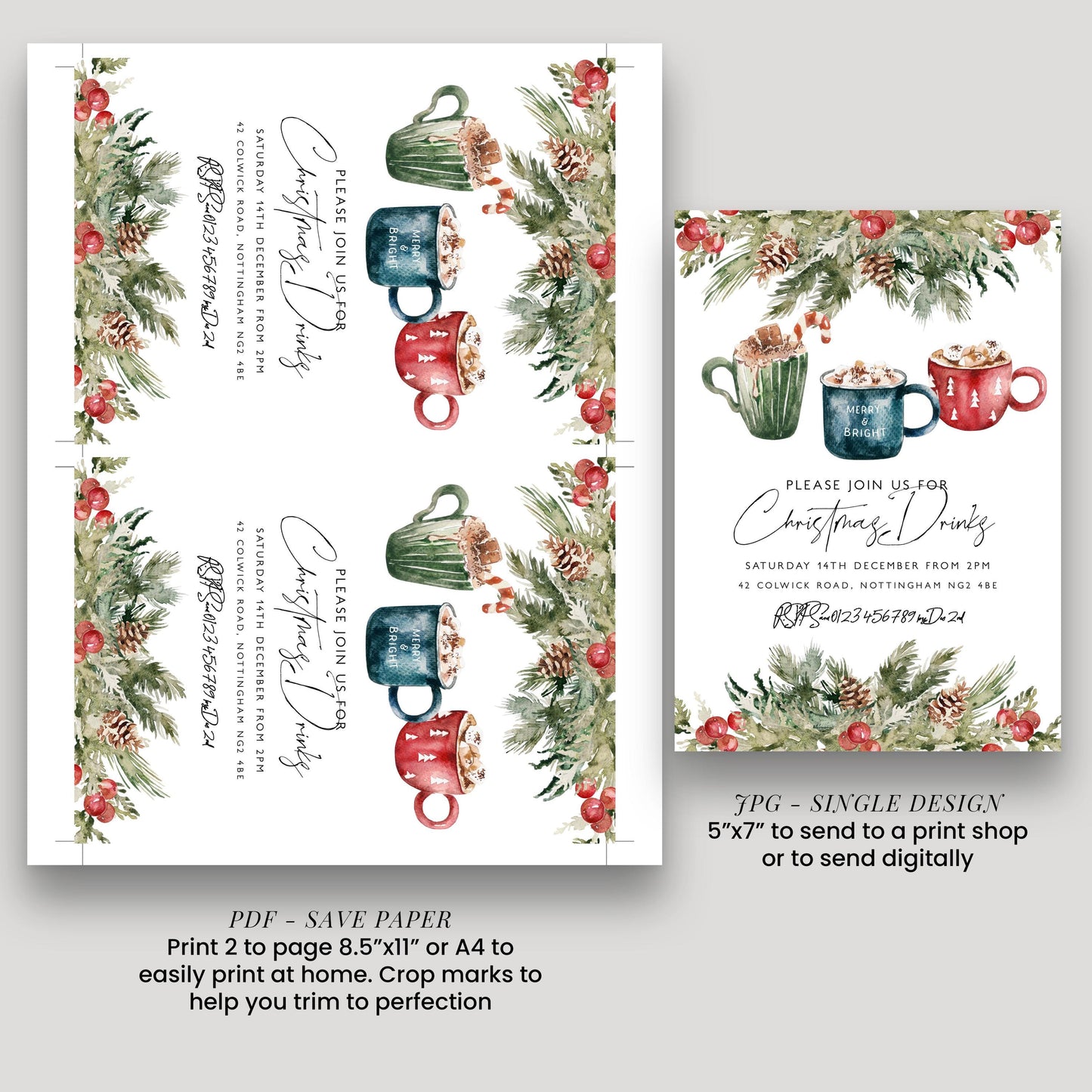 two printed designs featuring Christmas-themed mugs with hot chocolate and marshmallows. The designs are intended to be used for invitations or decorations during the Christmas season.