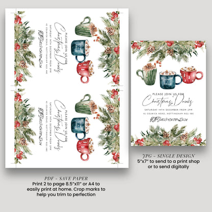 two printed designs featuring Christmas-themed mugs with hot chocolate and marshmallows. The designs are intended to be used for invitations or decorations during the Christmas season.