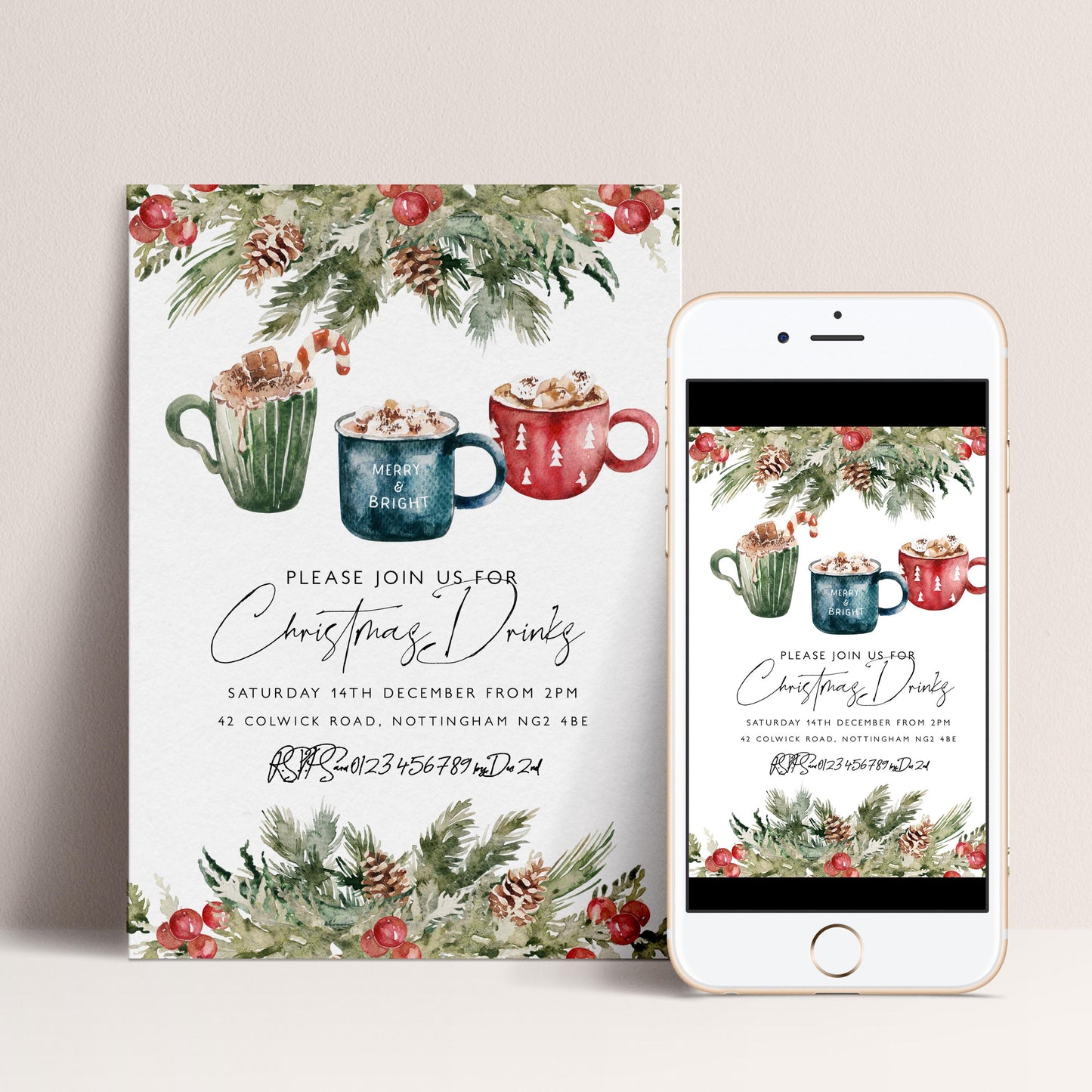 The image is a Christmas-themed invitation featuring a festive design with Christmas trees, pine cones, and mugs of hot beverages. The invitation invites guests to a "Christmas Drinks" event on Saturday, December 14th from 7PM at 42 Collwick Road, Nottingham NG2 4BE.