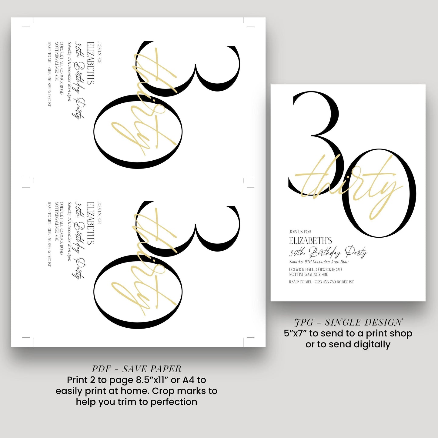 The image is a birthday party invitation for Elizabeth's 30th birthday party. It features a large number "30" and the text "ELIZABETH 30th BIRTHDAY PARTY" in a decorative font. The invitation includes details about the party, such as the date, time, location, and RSVP information. The design is a single-page print, and the invitation is described as a "PDF - SAVE PAPER" and "5" x 7" to send to a print shop or digitally.
