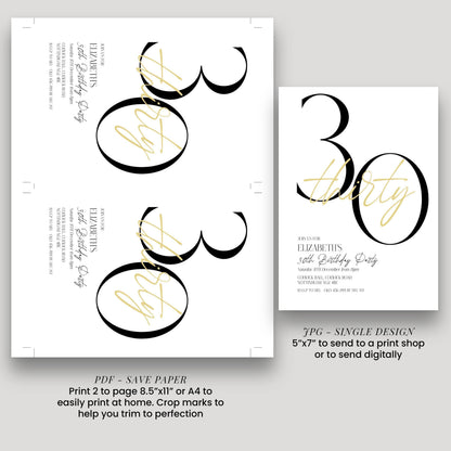 The image is a birthday party invitation for Elizabeth's 30th birthday party. It features a large number "30" and the text "ELIZABETH 30th BIRTHDAY PARTY" in a decorative font. The invitation includes details about the party, such as the date, time, location, and RSVP information. The design is a single-page print, and the invitation is described as a "PDF - SAVE PAPER" and "5" x 7" to send to a print shop or digitally.