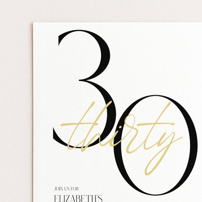 The image is a poster for an event, specifically a 30th birthday party. The poster features the text "30" and "thirty" in a stylized font, along with the text "JOIN US FOR ELIZABETHS" in a smaller font.