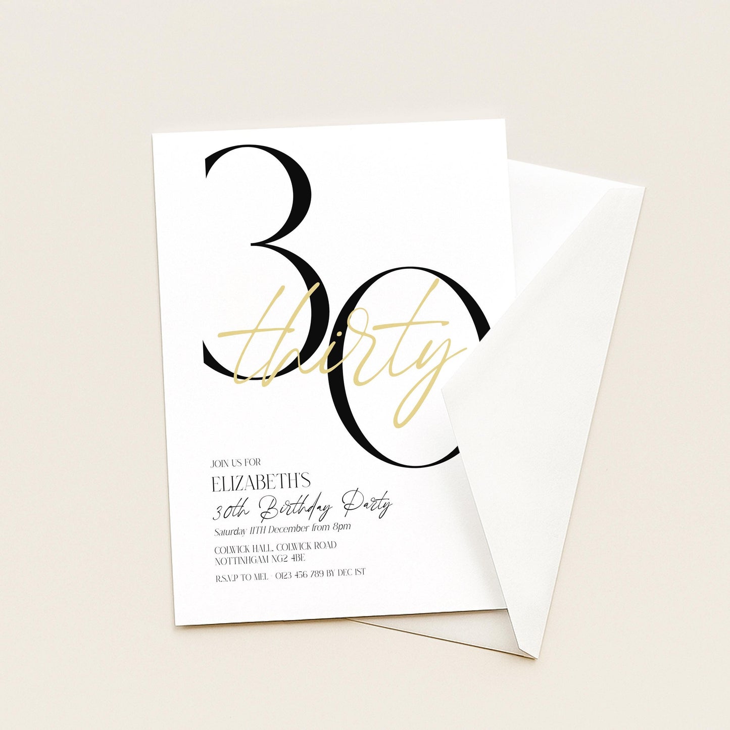 The image is a birthday party invitation for Elizabeth's 30th birthday party.