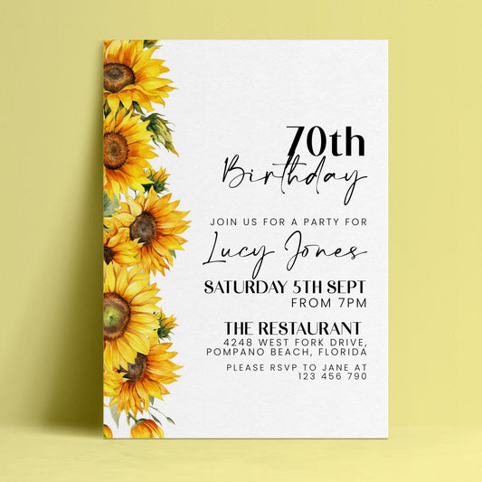 The image is a birthday invitation for a 70th celebration for Lucy Jones. The invitation features a yellow sunflower design on the left side and includes details about the party, including the date, time, location, and contact information.