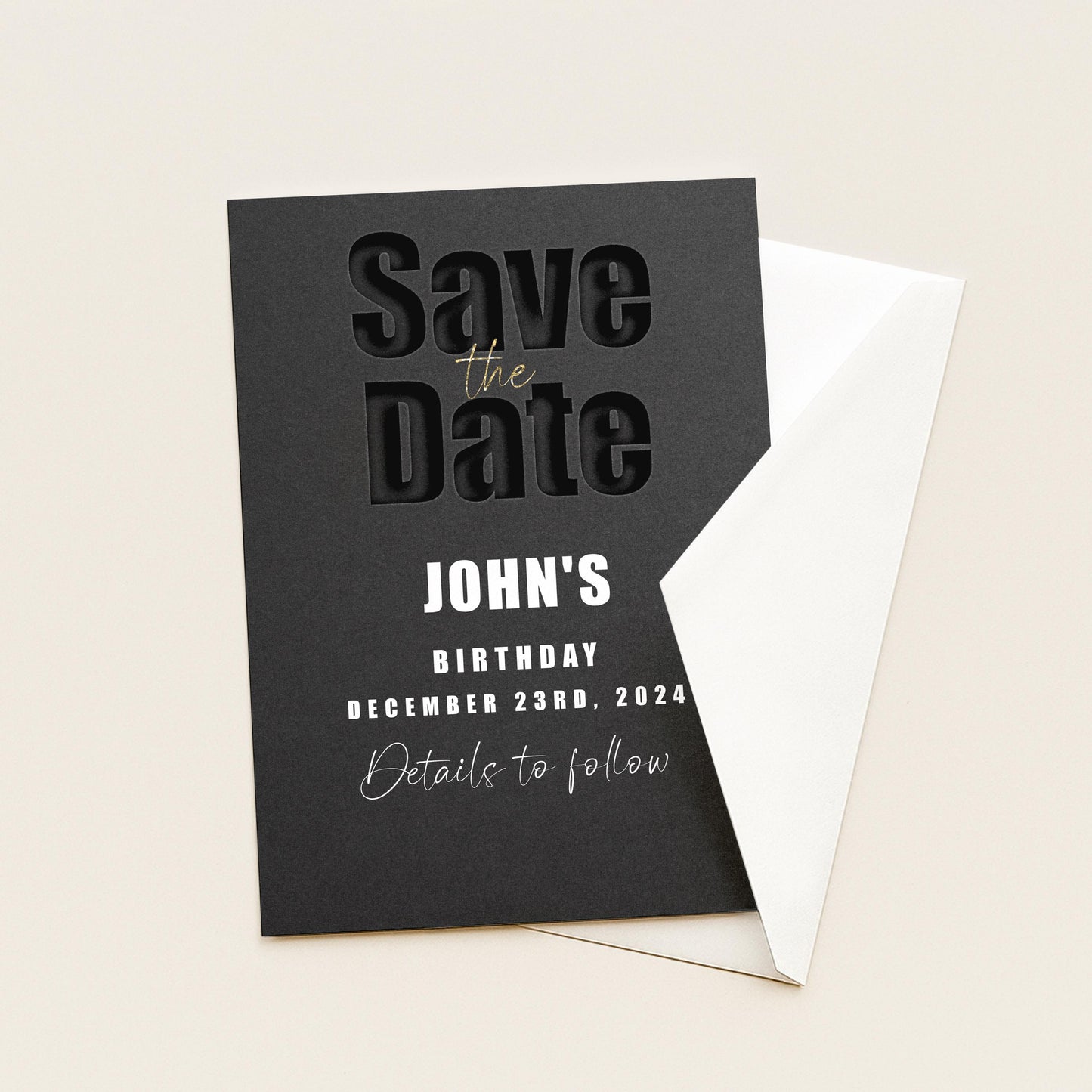 The image is a black and white Save the Date card for John's birthday, dated December 23rd, 2024.