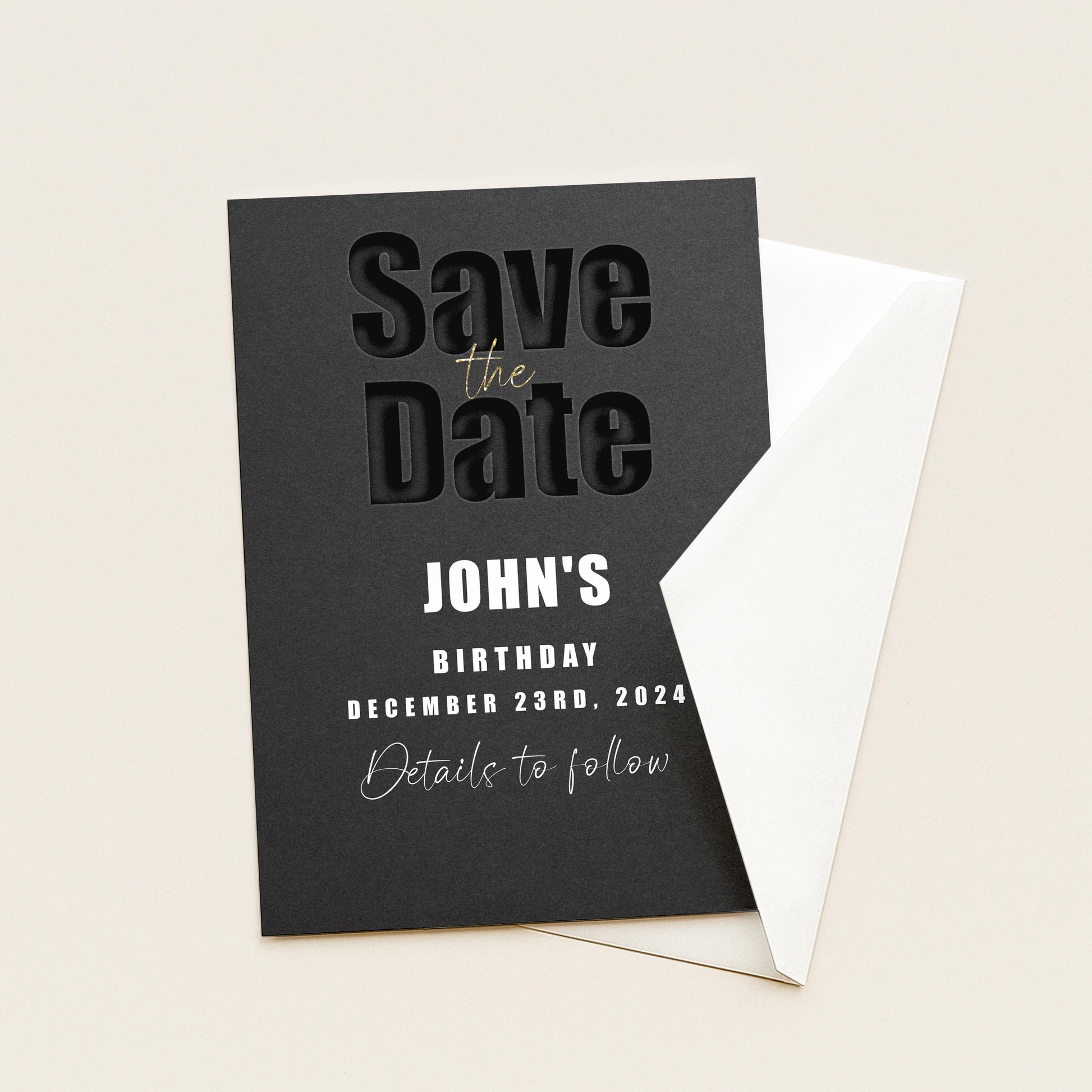 The image is a black and white Save the Date card for John's birthday, dated December 23rd, 2024.