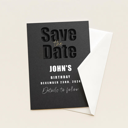 The image is a black and white Save the Date card for John's birthday, dated December 23rd, 2024.