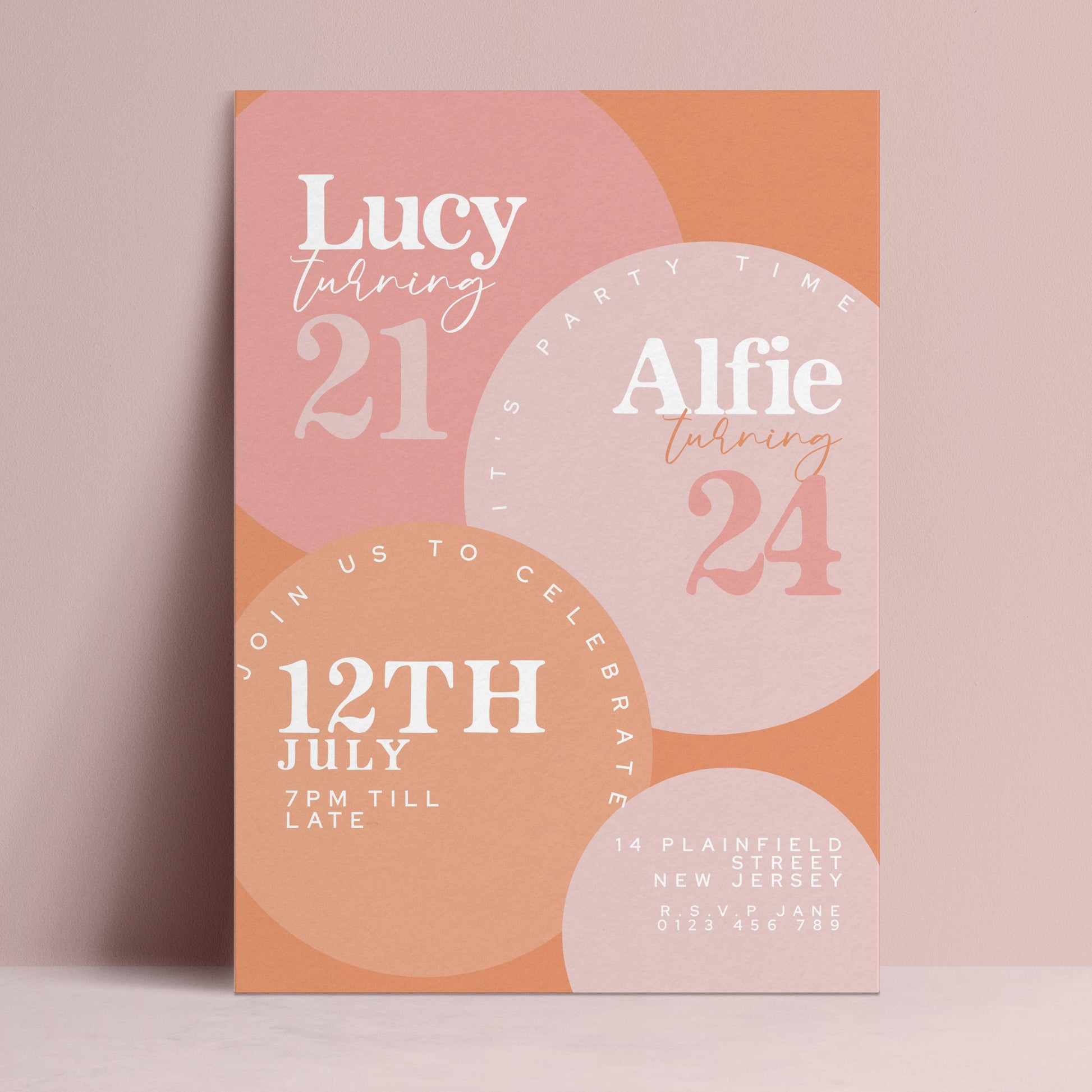 The image is a birthday party invitation for Lucy turning 21 and Alfie turning 24. The invitation features a color scheme of pink and orange circles, with the names of the birthday individuals displayed in white text.