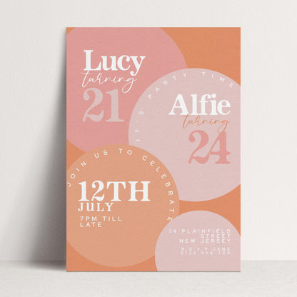 The image is a birthday party invitation for two individuals named Lucy and Alfie, celebrating their 21st birthdays. The invitation features a color scheme of pink and orange circles, with the names of the individuals prominently displayed.