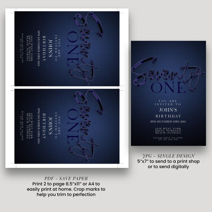 The image is a collage of two blue birthday invitation cards, each featuring the text "S seventy one" in a stylized font. The cards are printed on paper and are intended to be used for a birthday celebration.