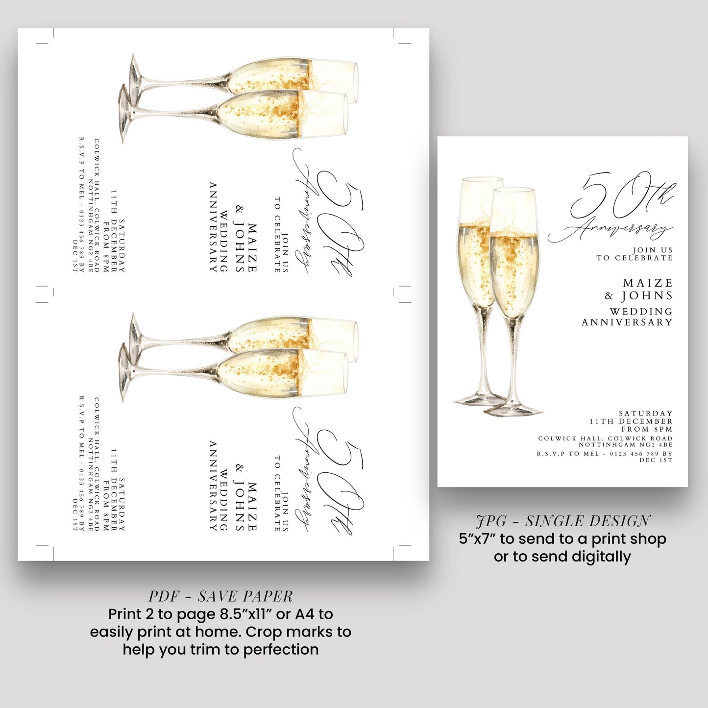 The image is a collage of two pages featuring champagne glasses and text. The text on the pages is related to a 50th anniversary celebration, including details about the event and instructions for sending a print or digital copy.