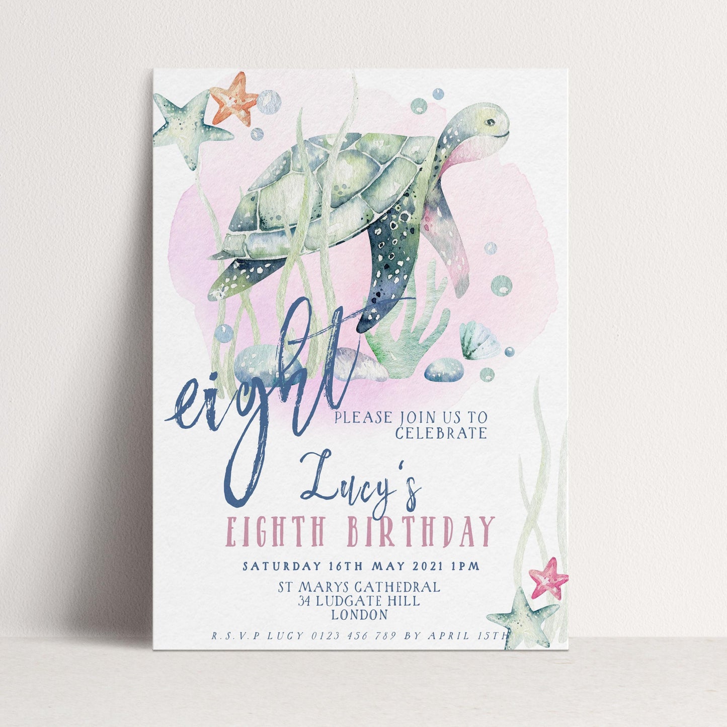 The image is a birthday invitation for a child's eighth birthday celebration.