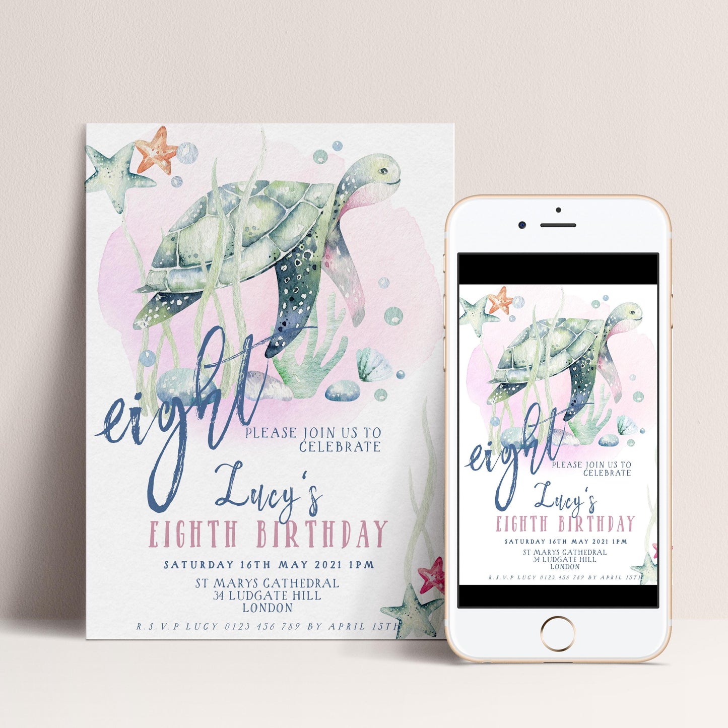 The image is a birthday invitation for a girl named Lucy's eighth birthday. It features a watercolor illustration of a turtle and other sea creatures, along with text inviting guests to join the celebration.