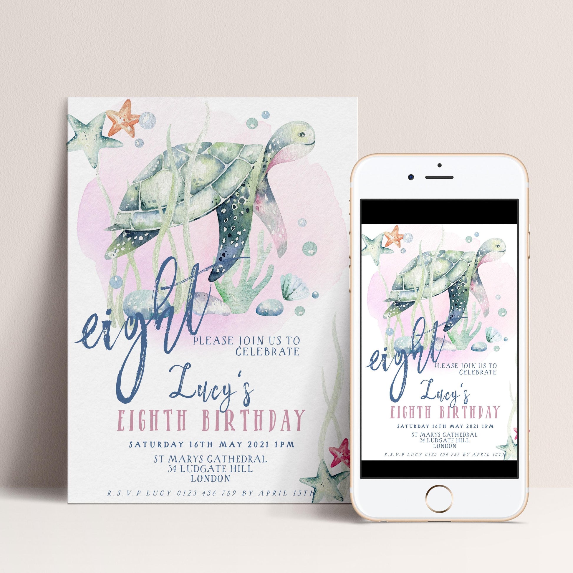 The image is a birthday invitation for a girl named Lucy's eighth birthday. It features a watercolor illustration of a turtle and other sea creatures, along with text inviting guests to join the celebration.