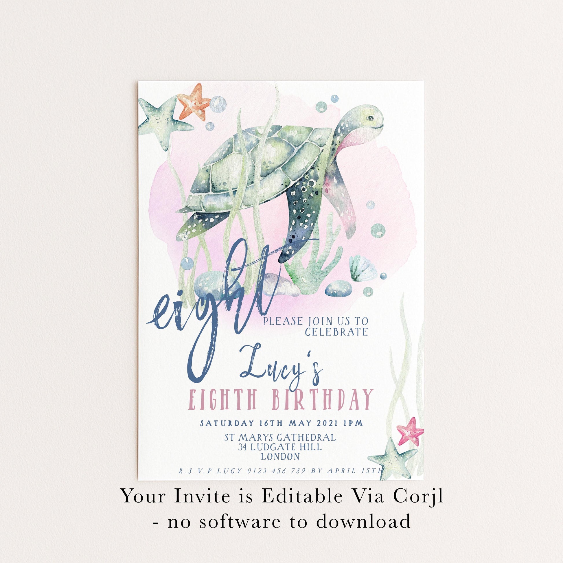 The image is a birthday invitation for a child's eighth birthday party.