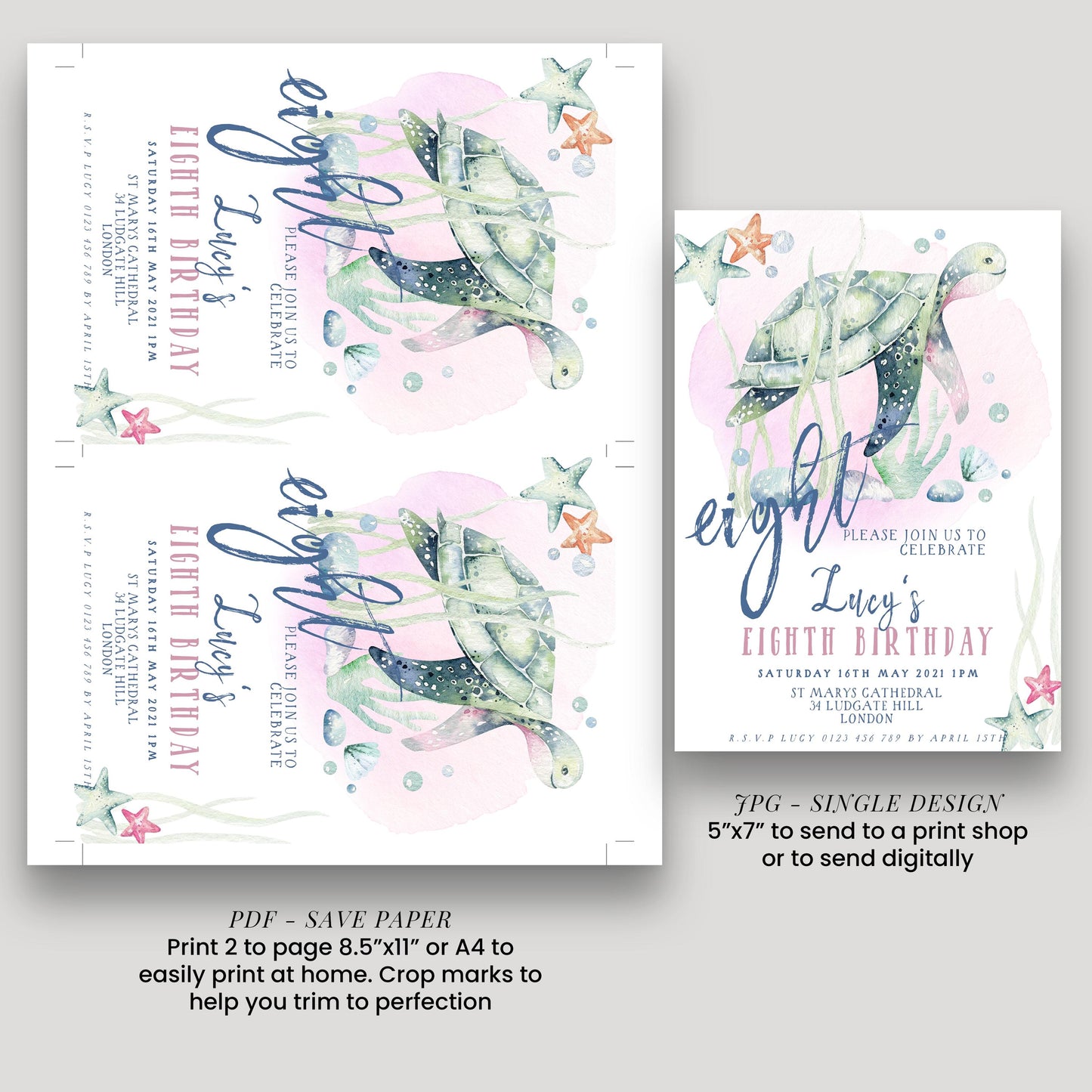 The image is a birthday invitation for a child's eighth birthday. It features a watercolor illustration of a turtle and stars, along with text that invites guests to celebrate the occasion.