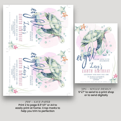 The image is a birthday invitation for a child's eighth birthday. It features a watercolor illustration of a turtle and stars, along with text that invites guests to celebrate the occasion.
