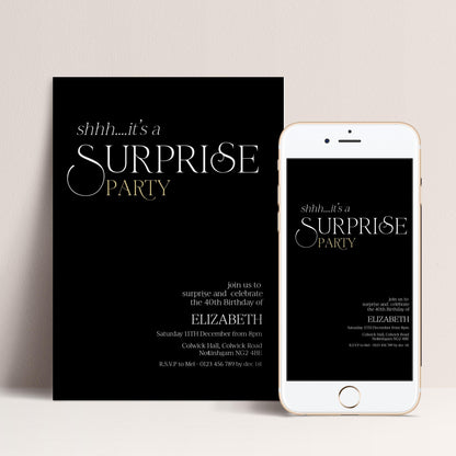 a black invitation card and a white smartphone displaying the same invitation.