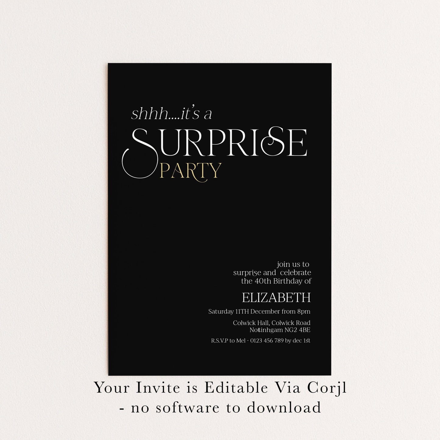 The image is a black and white invitation card for a surprise party.