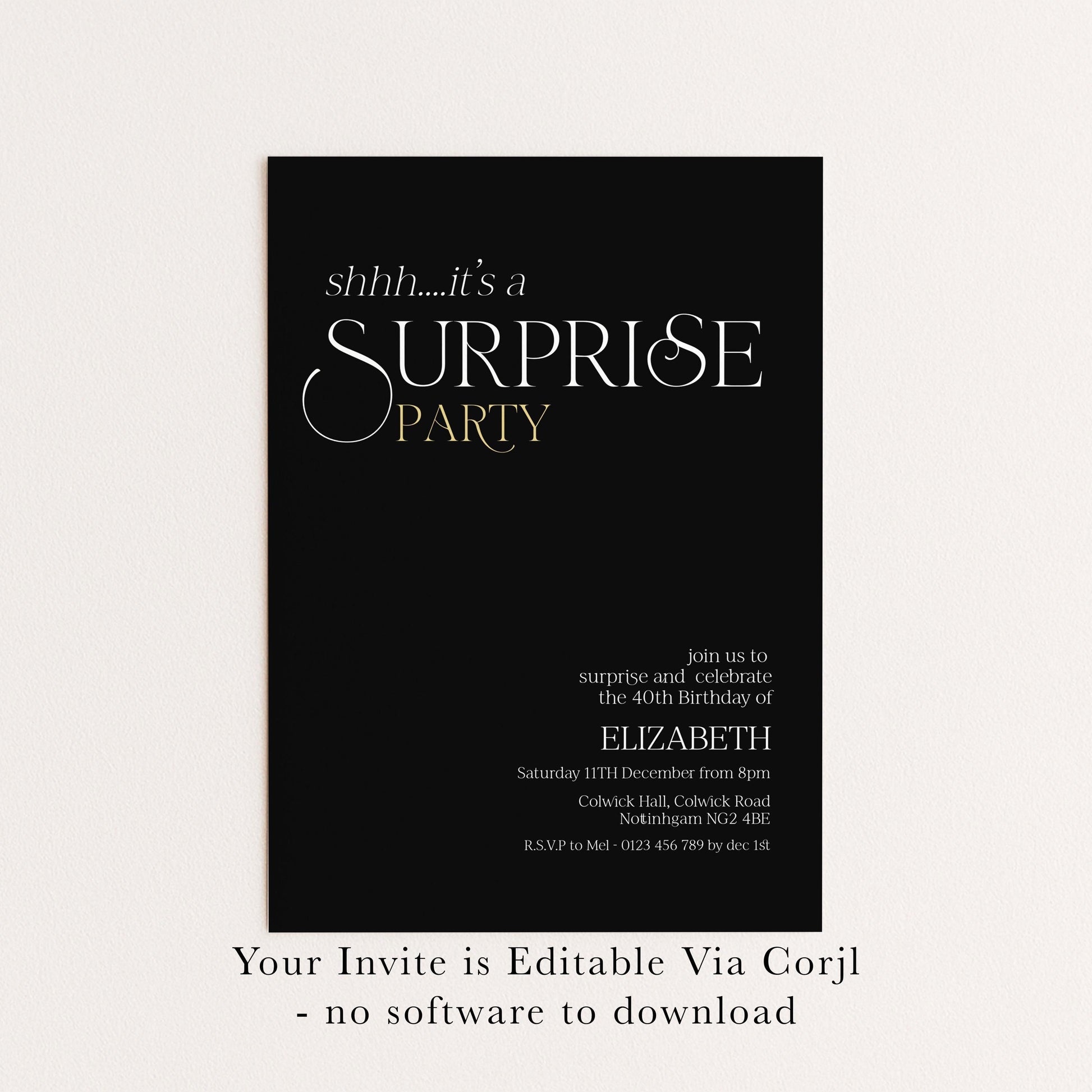 The image is a black and white invitation card for a surprise party.