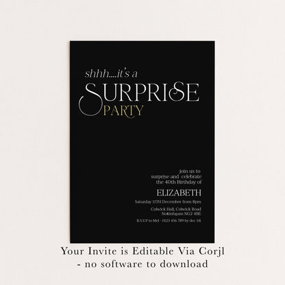 The image is a black and white invitation card for a surprise party.
