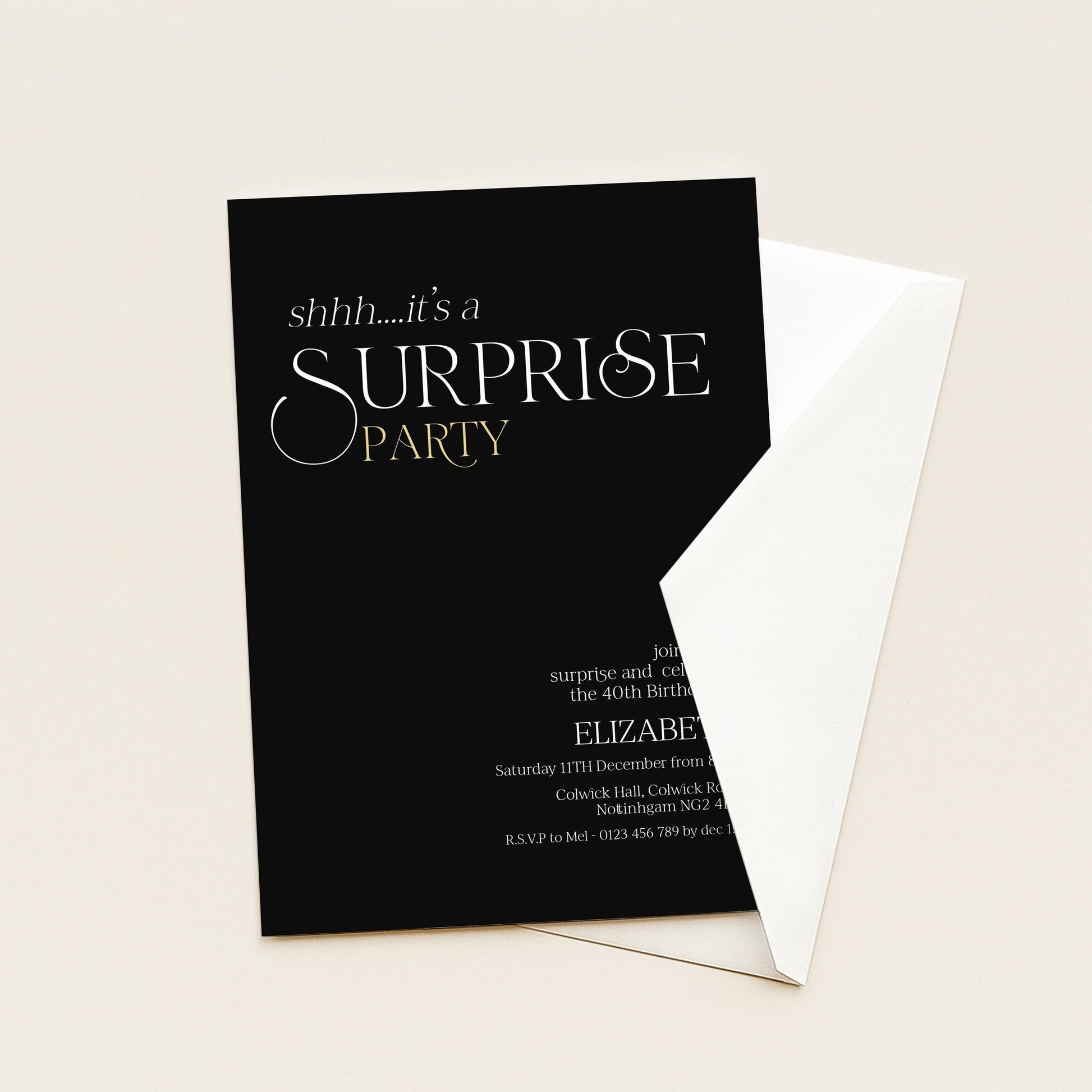 The image is a black invitation card with white text, inviting guests to a surprise party.