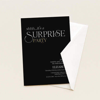 The image is a black invitation card with white text, inviting guests to a surprise party.