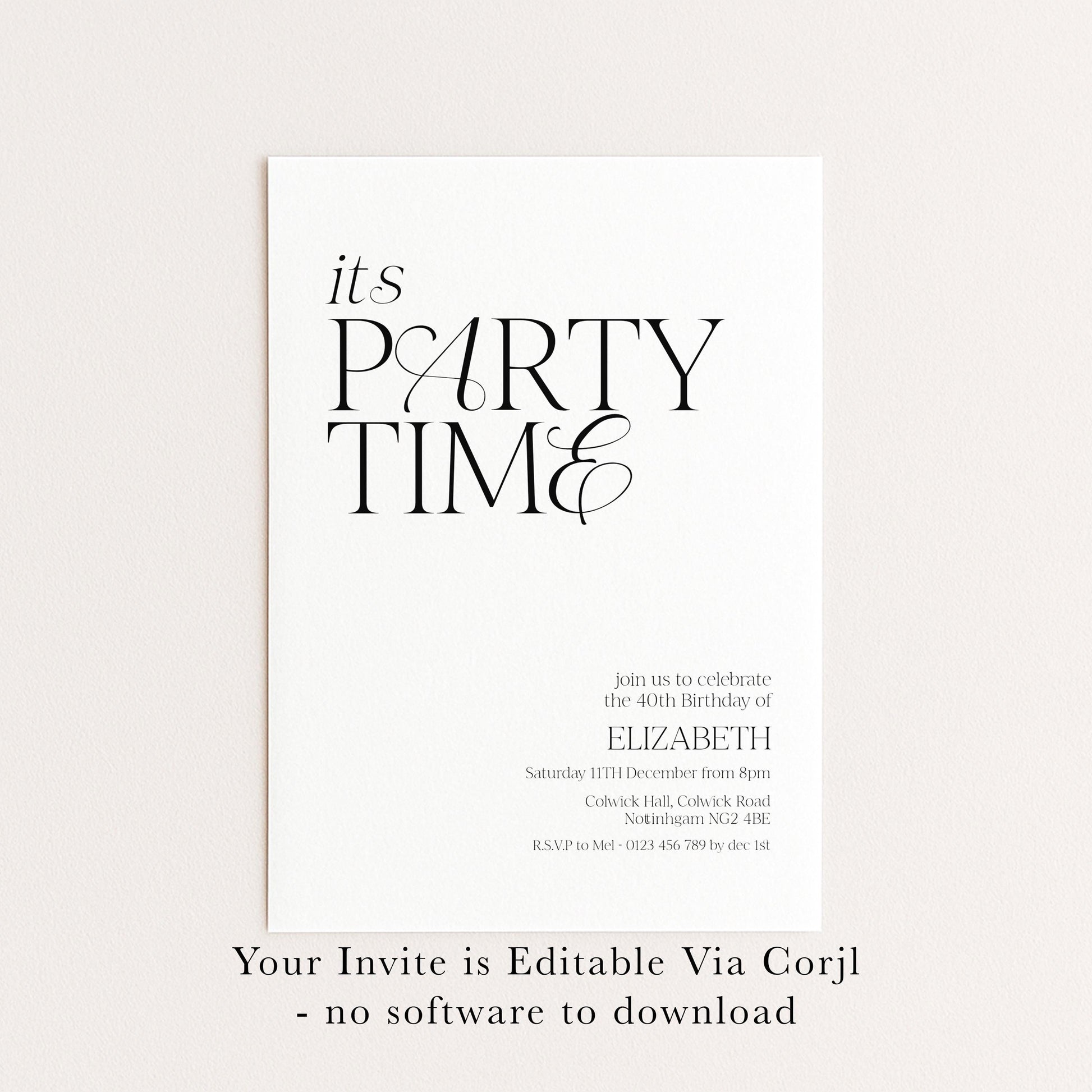 The image is a birthday party invitation for the 40th birthday of Elizabeth, which is a white paper invitation with black text.
